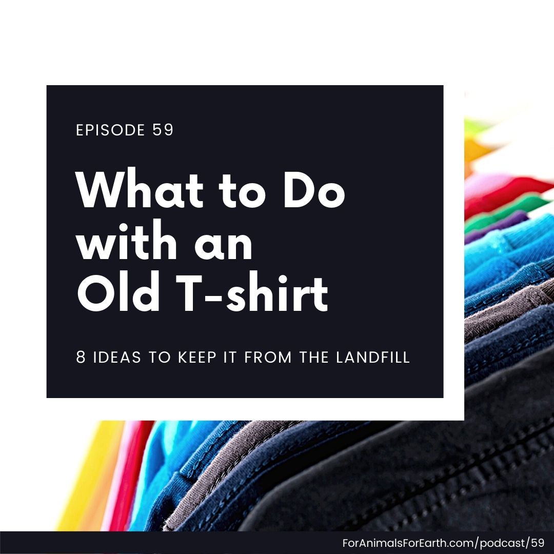 Wondering what to do with an old t-shirt?  It's not straightforward, is it? If we donate it to Goodwill, it's likely to go to the landfill. And if we pass it on, it may end up there as well. I've put together 8 unique ideas to fix or repurpose that old t-shirt into something new. Episode 59 of the For Animals. For Earth. show